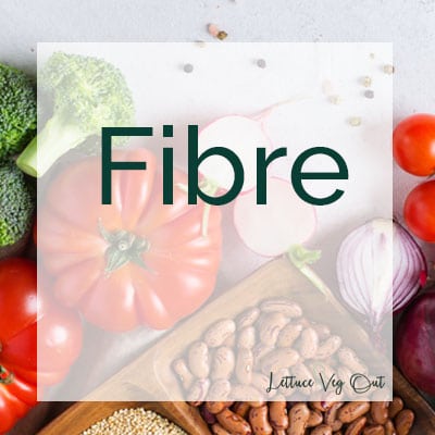 Fiber text over background of vegan sources of fibre (grains, beans, vegetables)