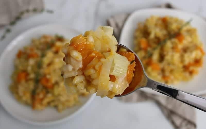 Image of spoon showing close-up bite of vegan risotto with pumpkin and leeks