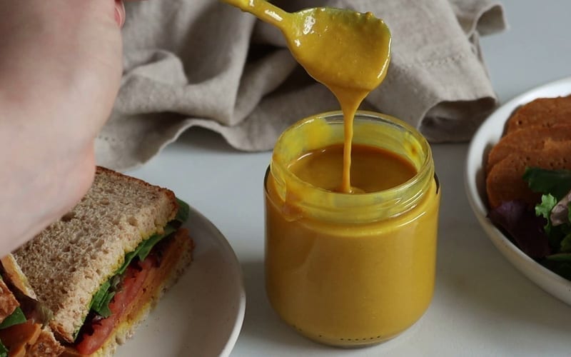 Fully mixed vegan honey mustard, homemade with simple plant-based ingredients