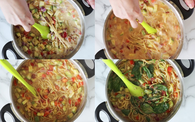 Compilation of 4 images showing the process of making hummus sauce pasta in one pot. Each image is a top down view of a large metal pot with black handles. From top left going right then down: A hand holds a green spoon and is stirring the ingredients in the pot (raw pasta, liquid and chopped vegetables) and there's lots of liquid visible; the liquid has become a red-brown color and the pasta appears softer as the hand holding the green spoon stirs the pot; the green spoon is resting in the pot and the pasta appears soft and there's little liquid left; the green spoon rests in the pot that has a lot of spinach added to it and a sprinkle of black pepper over the top.