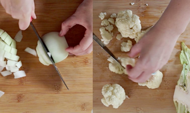 Two images side by side. On the left is hands chopping a white onion on a wooden board. On the right is hands chopping a cauliflower.