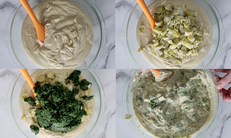 Compilation of 4 images each showing a top down view of a large glass bowl with an orange spoon in it. Top left: blended, creamy base for dip. Top right: chopped artichoke added to the dip. Bottom left: strained chopped spinach added on top of the artichoke. Bottom right: dip being stirred together.