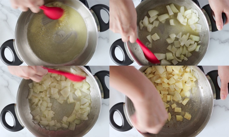 Compilation of 4 images showing the prep of onions and potatoes to make broccoli soup each showing the top view of a large metal pot. From top left moving right then down: large red spoon stirring melting vegan butter in pot; onions added to melted butter and are being stirred into the pot; softened onions being stirred in the pot; potatoes added to pot and being stirred into the onions and butter.