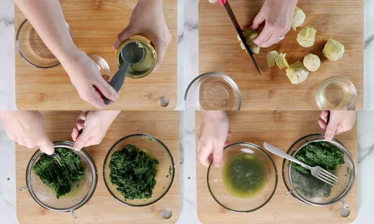 Compilation of 4 images showing the prep of artichoke and spinach to make dip. Top left: hands scooping liquid from a can of artichokes. Top right: chopping artichoke hears on a wood board. Bottom left: hand using a fork to press liquid from cooked spinach in a mesh strainer that is placed over a bowl. Bottom right: mesh strainer removed from the bowl to show the green spinach water underneath.