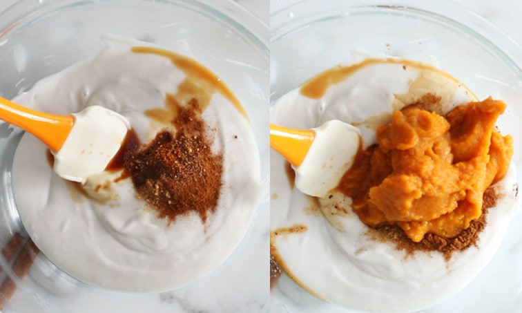 Side by side images of the top view of a large glass bowl filled with whipped coconut cream and a spatula. Left image shows spices and vanilla extract added to the coconut whip and right image shows pumpkin puree added on top of the spices.