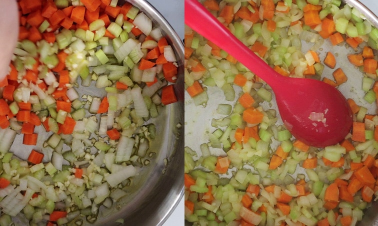 Side by side images of vegetables in a pot: chopped carrot, onion, celery and minced garlic. On the left they are raw and on the right they have been cooked for 5 minutes and look lighter and softer.