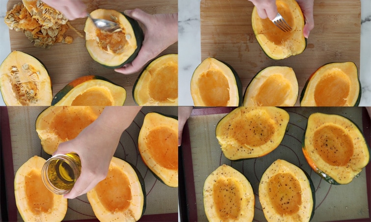 Compilation of 4 images showing how to prepare acorn squash for roasting. Top left: scooping seeds out of squash halves. Top right: poking holes (with fork) into orange part of squash. Bottom left: drizzling olive oil onto squash. Bottom right: salt and pepper sprinkled on squash, ready for oven.