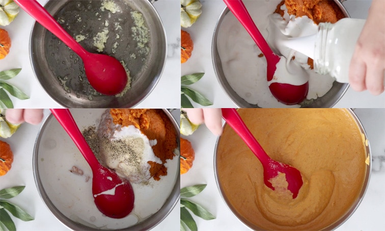 Compilation of 4 images each showing the top down view of a large pot. Top left: red spoon stirring minced garlic in oil. Top right: pot filled with pureed pumpkin and a hand pours a jar of coconut milk into pot. Bottom left: spices added on to of coconut milk and pumpkin puree. Bottom right: red spoon stirring creamy, light orange pumpkin sauce.