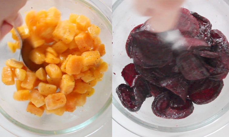 Two side-by-side images both showing the top down view of a small glass bowl. Left: cubed pumpkin being tossed in oil, salt and pepper. Right: sliced beetroot being tossed in oil and salt.