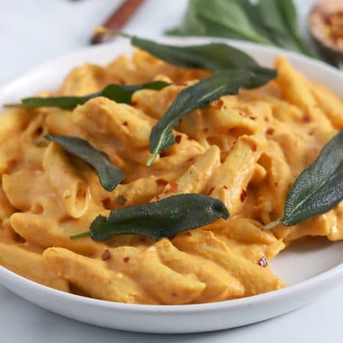 Square cropped image of a close up of a plate of penne pasta tossed with pumpkin sauce and garnished with fried sage leaves.
