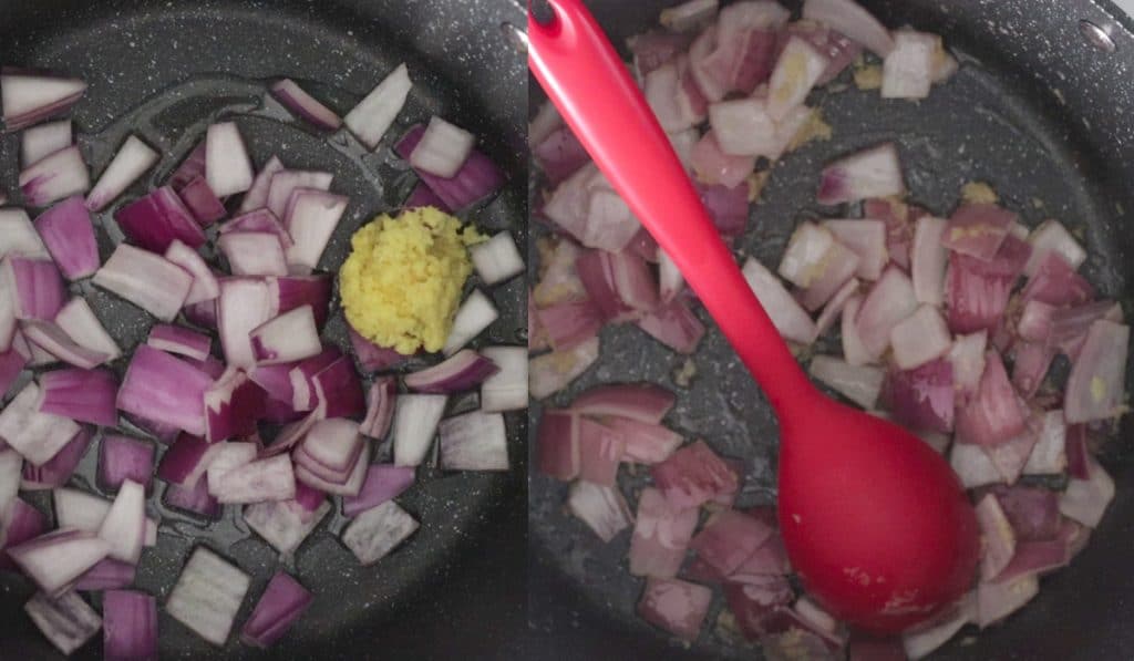 Side-by-side images showing the cooking of red onion and ginger in a large pot. On the left they are raw, on the right they are partially cooked with a red spoon stirring them.