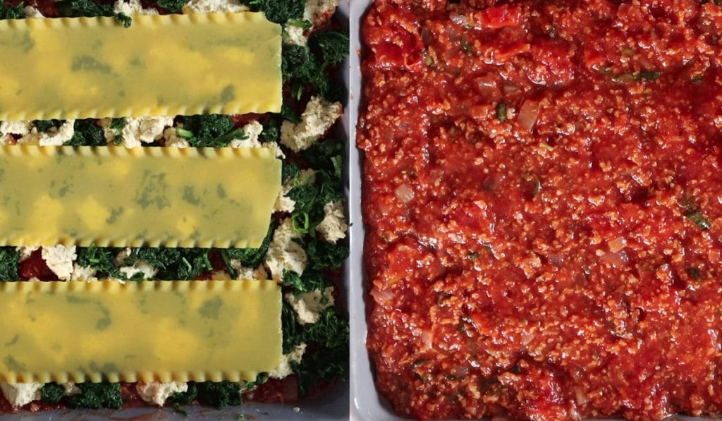 Side by side images showing the final 2 layers of lasagna. Left: raw noodles over ricotta and spinach. Right: TVP tomato sauce filling baking dish,