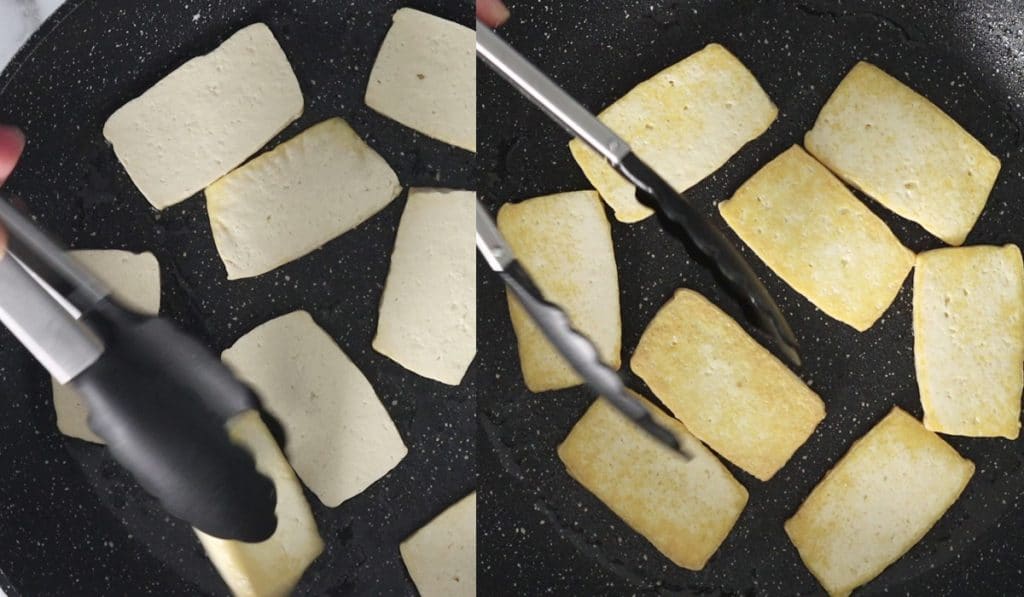 Side by side images of a pan with tofu slices cooking in it. Left shows raw tofu. Right shows tongs flipping lightly browned tofu slices.