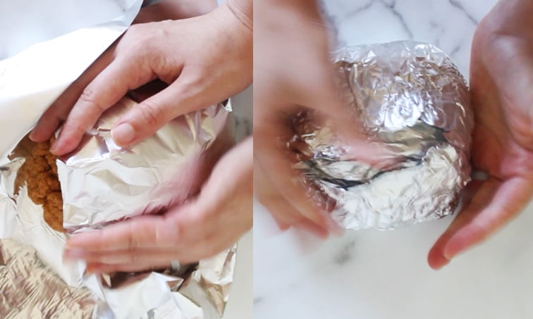 Side by side images. Left shows hands starting to wrap seitan ham in tin foil. Right shows hands pressing the tin foil fully around the roast.