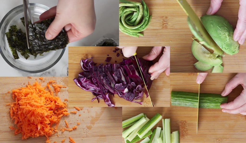 Collage of 5 images showing the prep of sushi bowl ingredients (nori, avocado, carrots, cucumber, red cabbage).