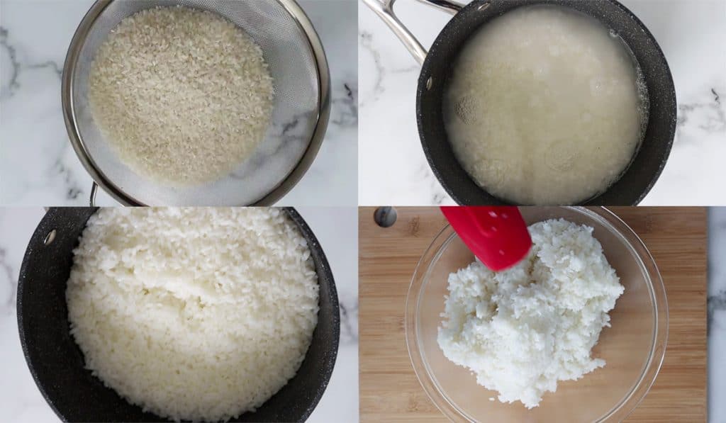 Collage of 4 images showing the steps to make sushi rice (rinse, cook, add to mixing bowl).