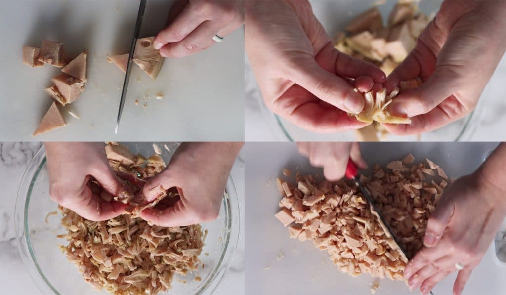 Four images showing how to prep canned jackfruit. Top left: slicing the solid core from the stringy jackfruit. Top right: close up of hands pulling apart the stringy jackfruit. Bottom left: large glass bowl of jackfruit being pulled apart by two hands. Bottom right: a knife chopping through the jackfruit core pieces.