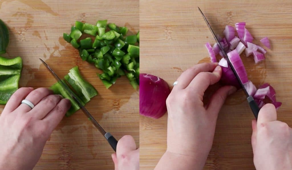 Two images showing green pepper and red onion being chopped.