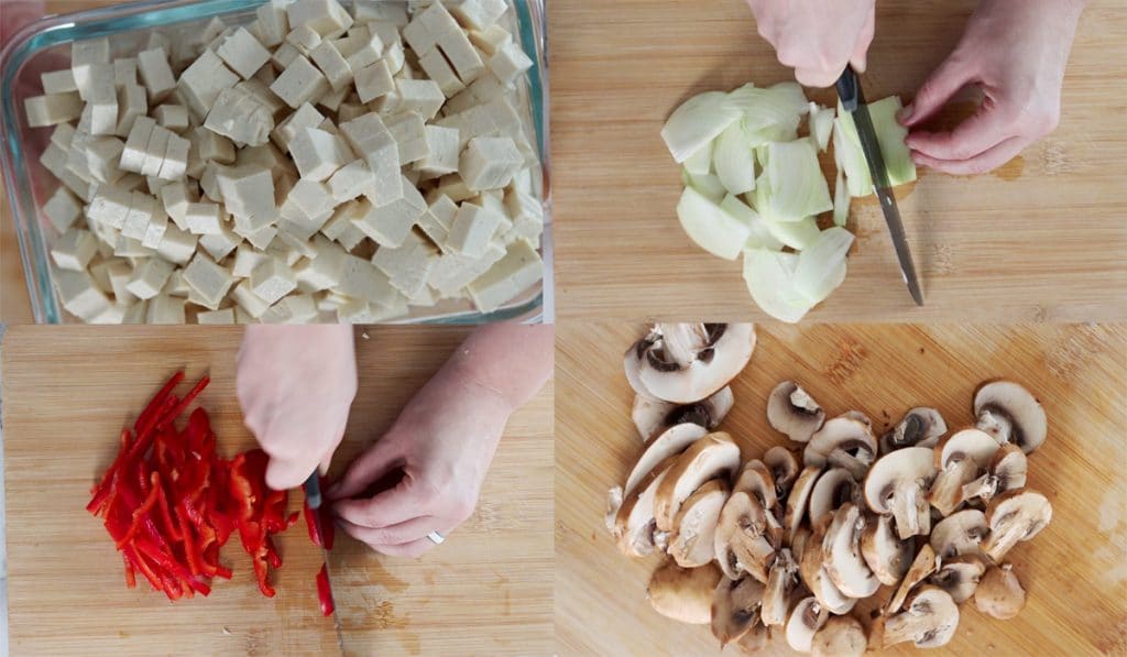 Four images showing preparation of tofu, onion, red pepper and mushrooms.