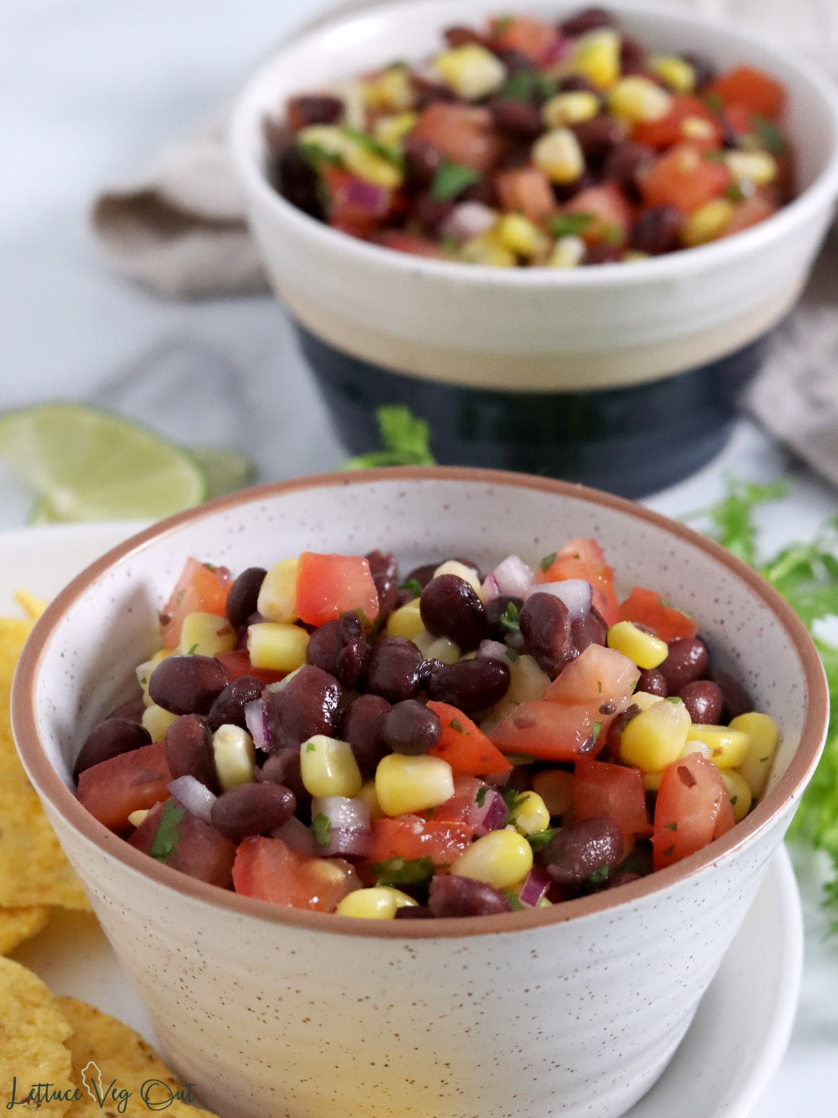 Two bowls filled with black bean and corn dip along with tomatoes, red onion and chopped cilantro.
