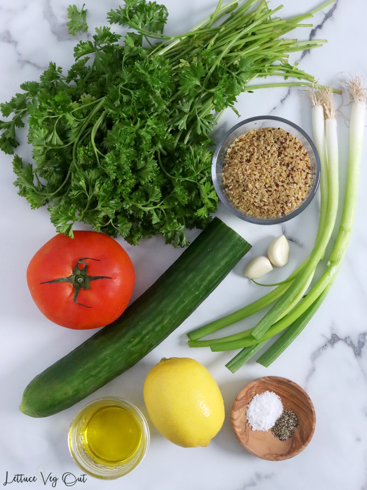 Vegetables and other ingredients for tabbouleh salad.