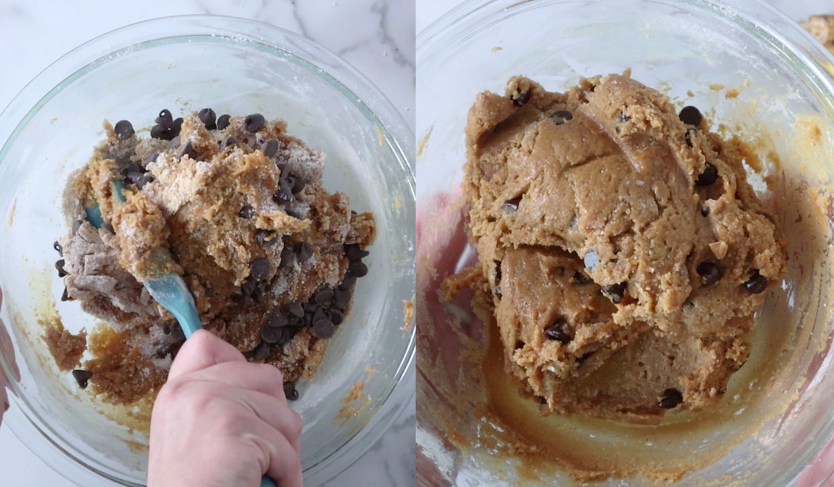 The stirring of and the final peanut butter chocolate chip cookie dough.