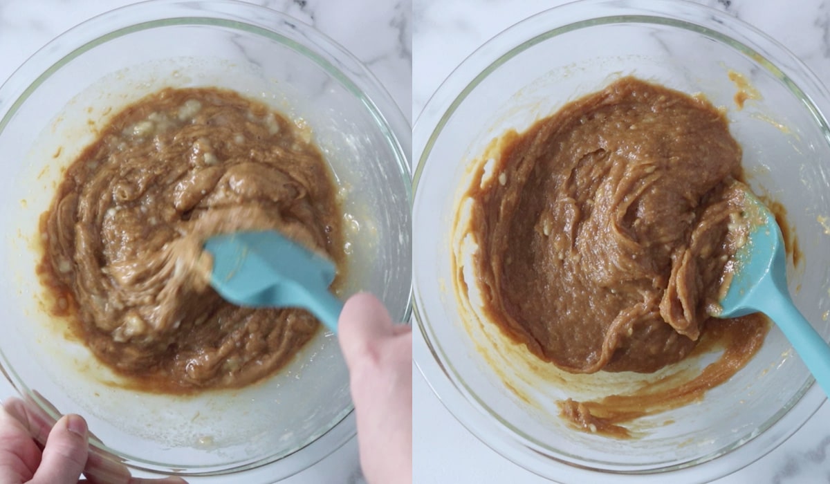 Two images showing the mixing of wet ingredients.