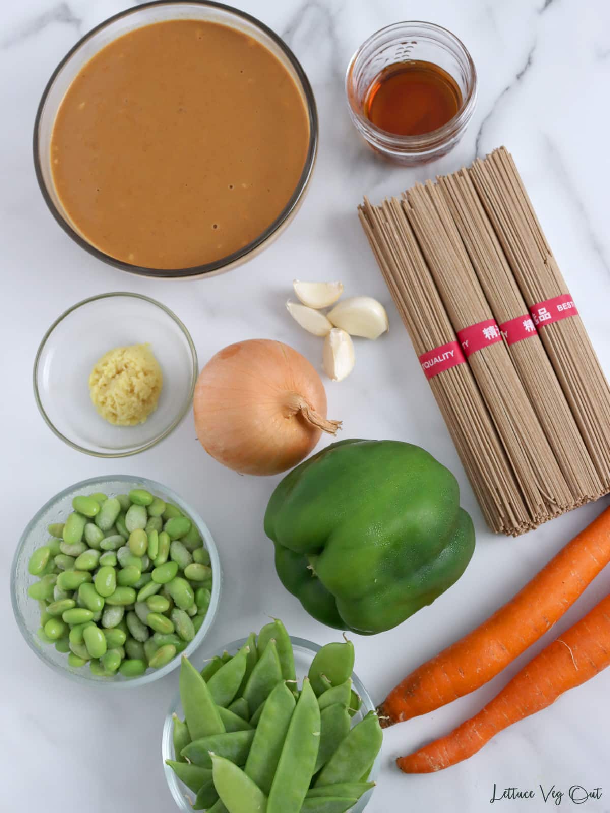 Ingredients for soba noodle stir fry with peanut sauce.