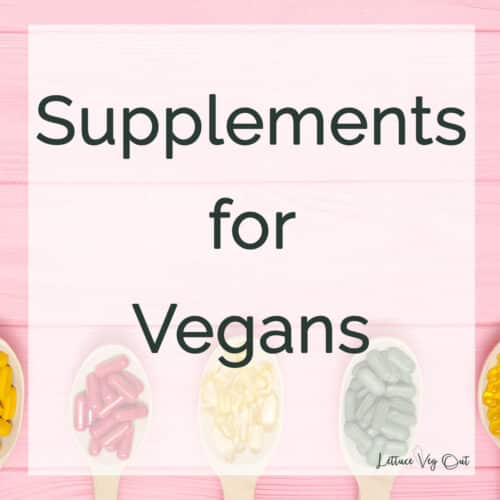 "Supplements for vegans" text over pink background with small spoonful's of supplements.