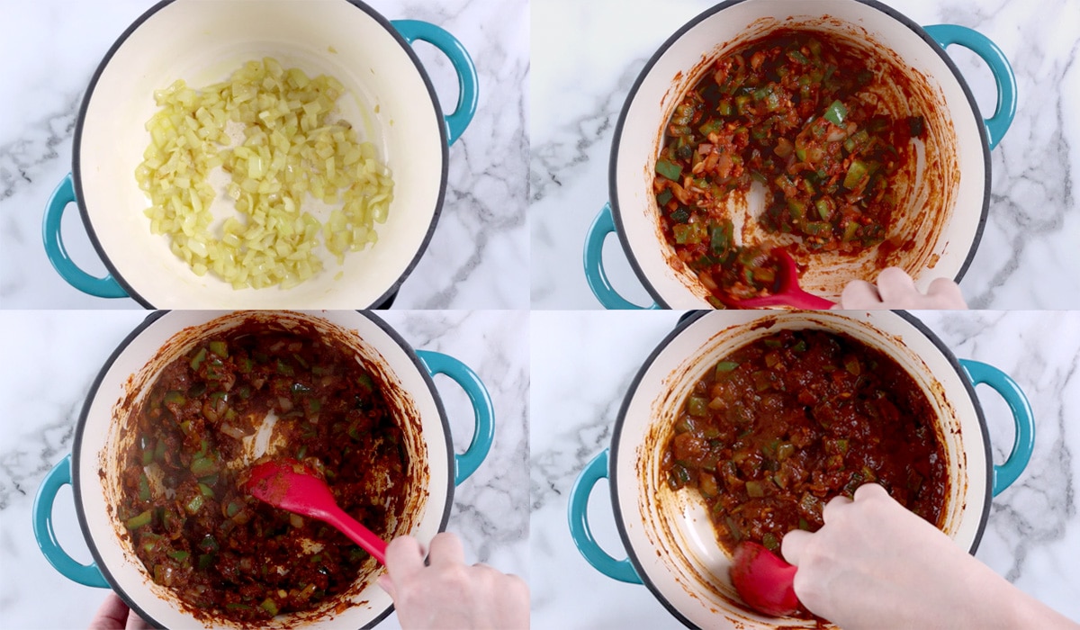 Four images showing the first steps of preparing bean chili (cook onion, cook peppers and tomato paste, add spices, add beer).