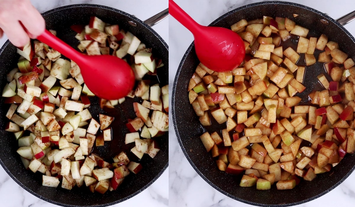 Side by side images of apples being cooked in pan (raw on left, partially cooked on right).