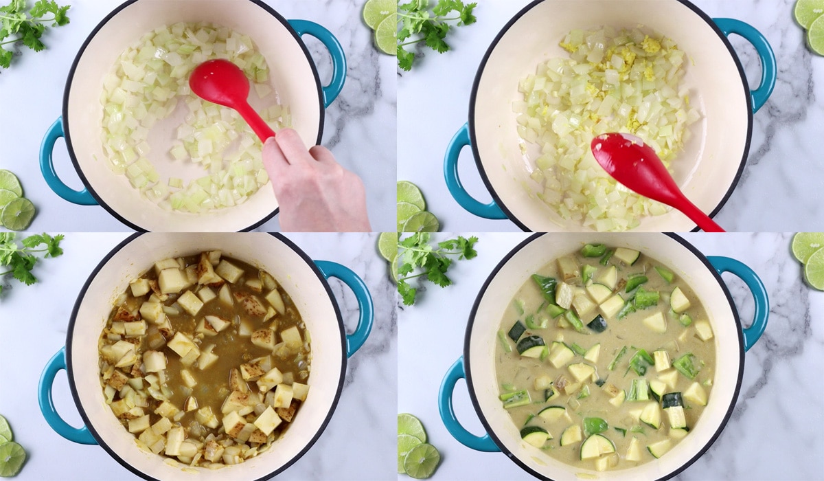 Four images showing the first steps of making green curry.