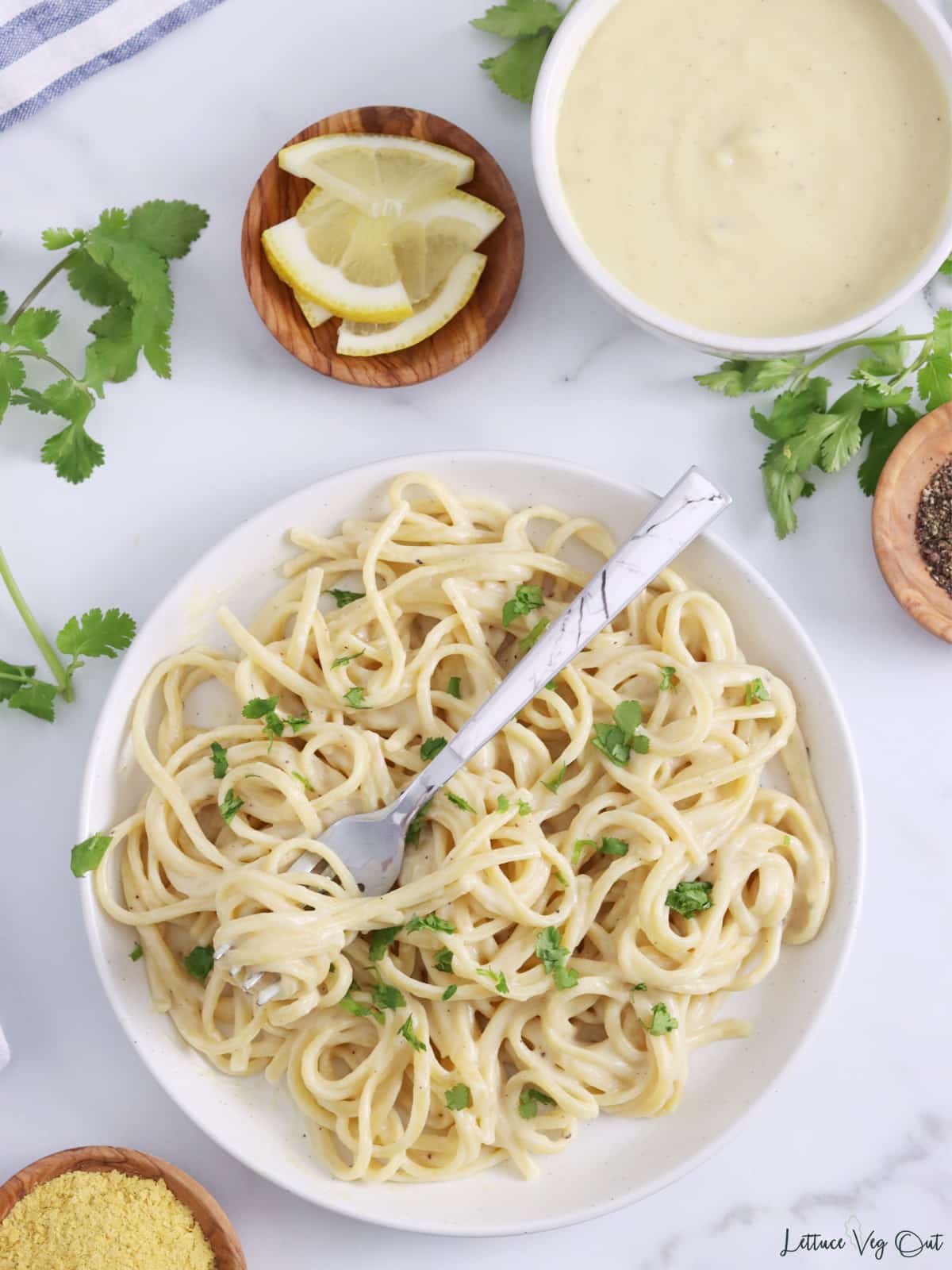 Plate of pasta tossed in white sauce garnished with chopped parsley with lemon slices and a bowl of bechamel sauce.
