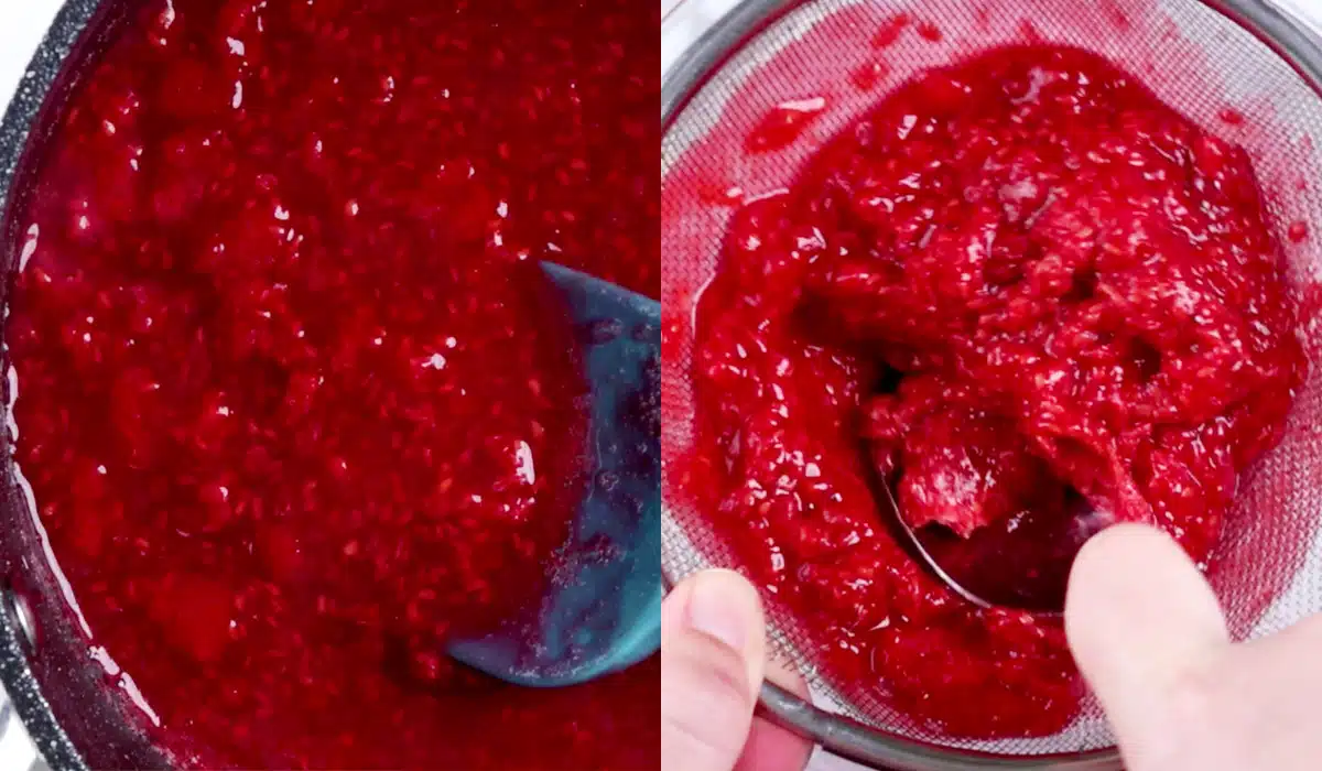 Two images showing raspberry sauce being cooked in pot then strained with mesh strainer into bowl.