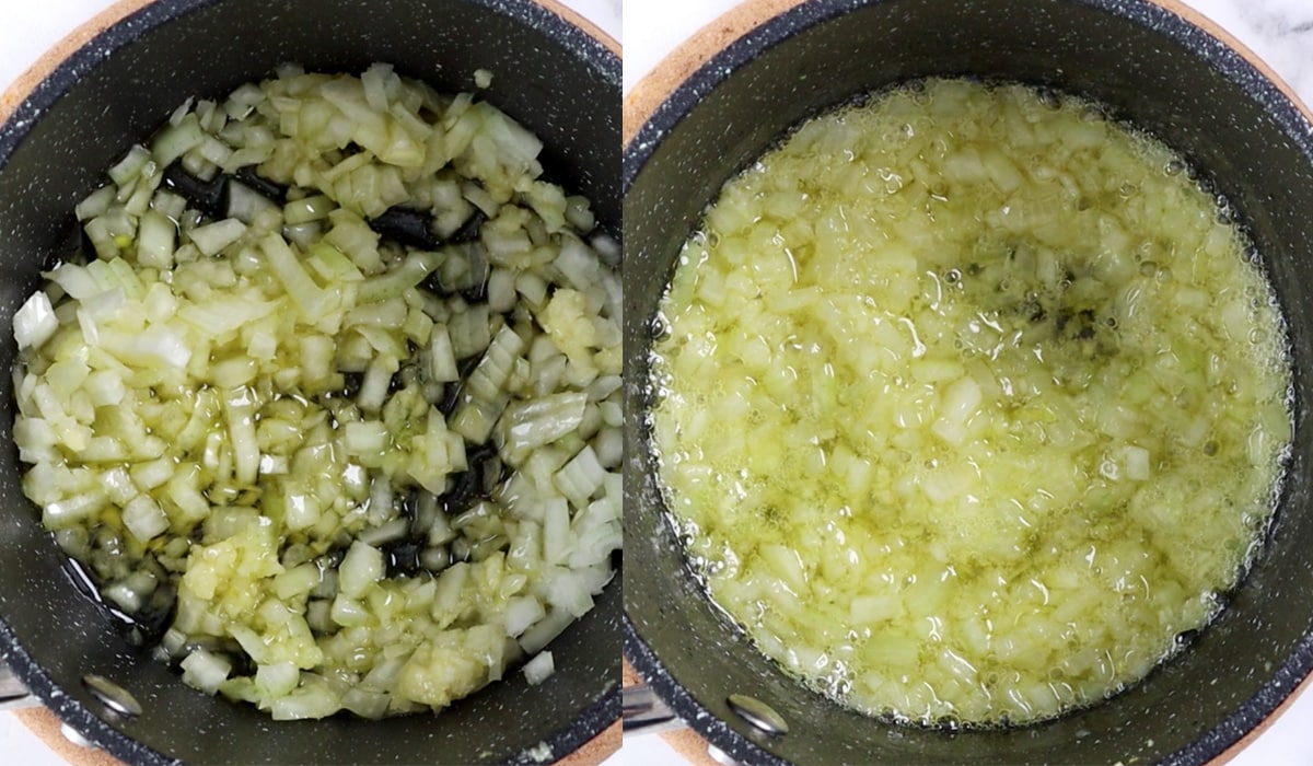 Two images of onions in oil (raw then cooked).