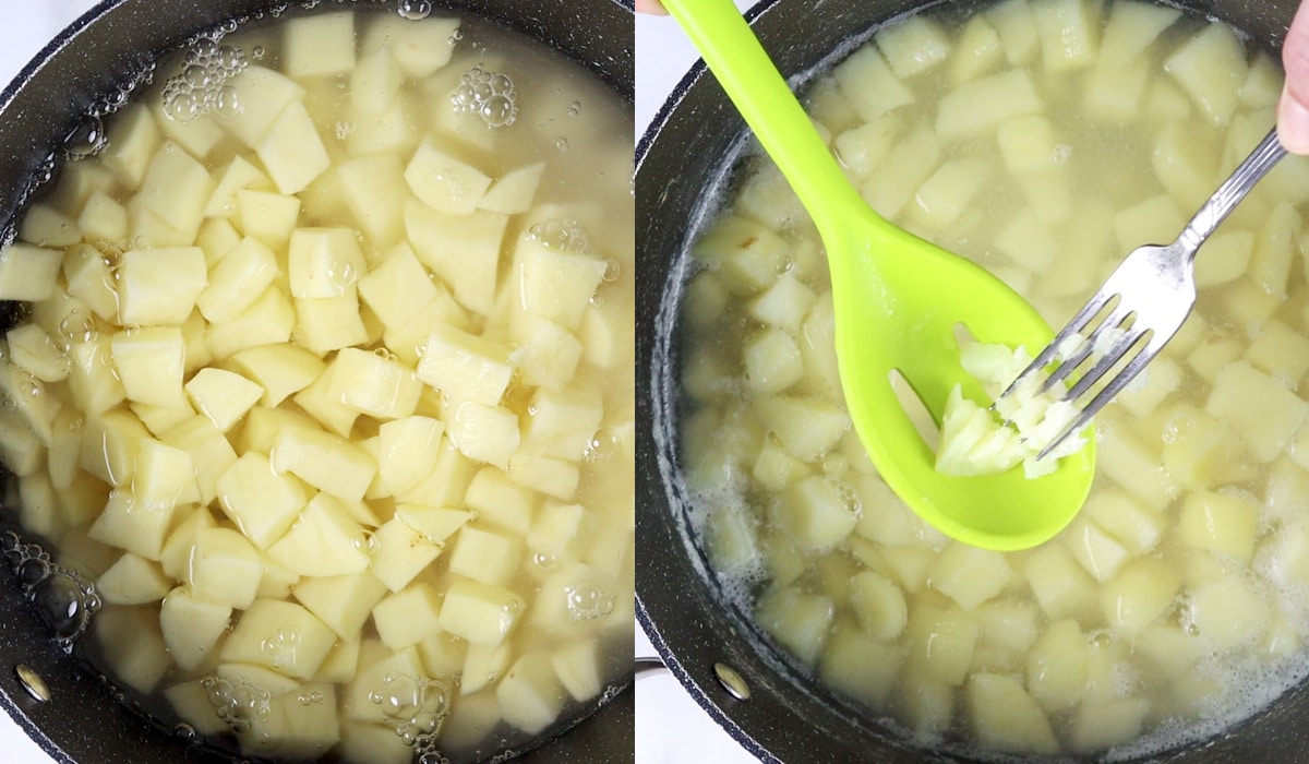 Two images showing potatoes covered with water in a pot then a fork mashing a piece of potatoes on a large green spoon.