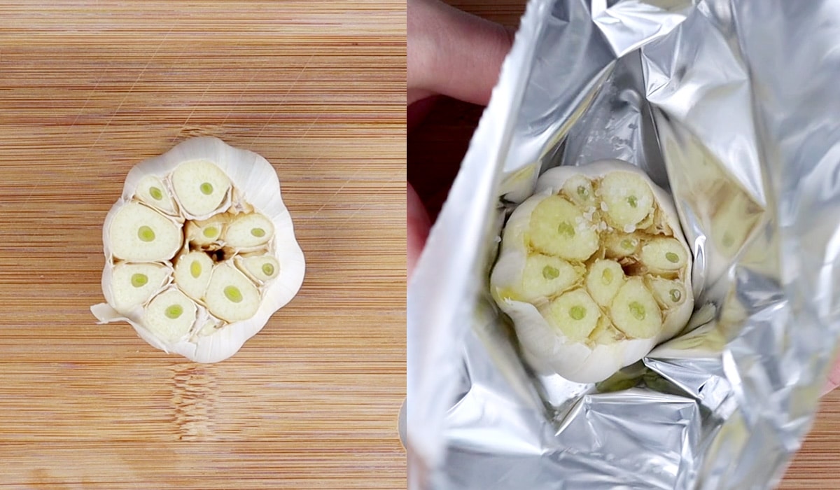 Two images of a head of garlic with the top cut off, then being wrapped in tin foil with oil and salt.