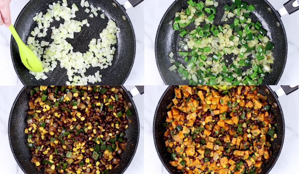 Four images showing the steps of making enchilada filling (cook onion, add garlic and pepper, add spices with beans and corn, add sweet potato and cilantro).