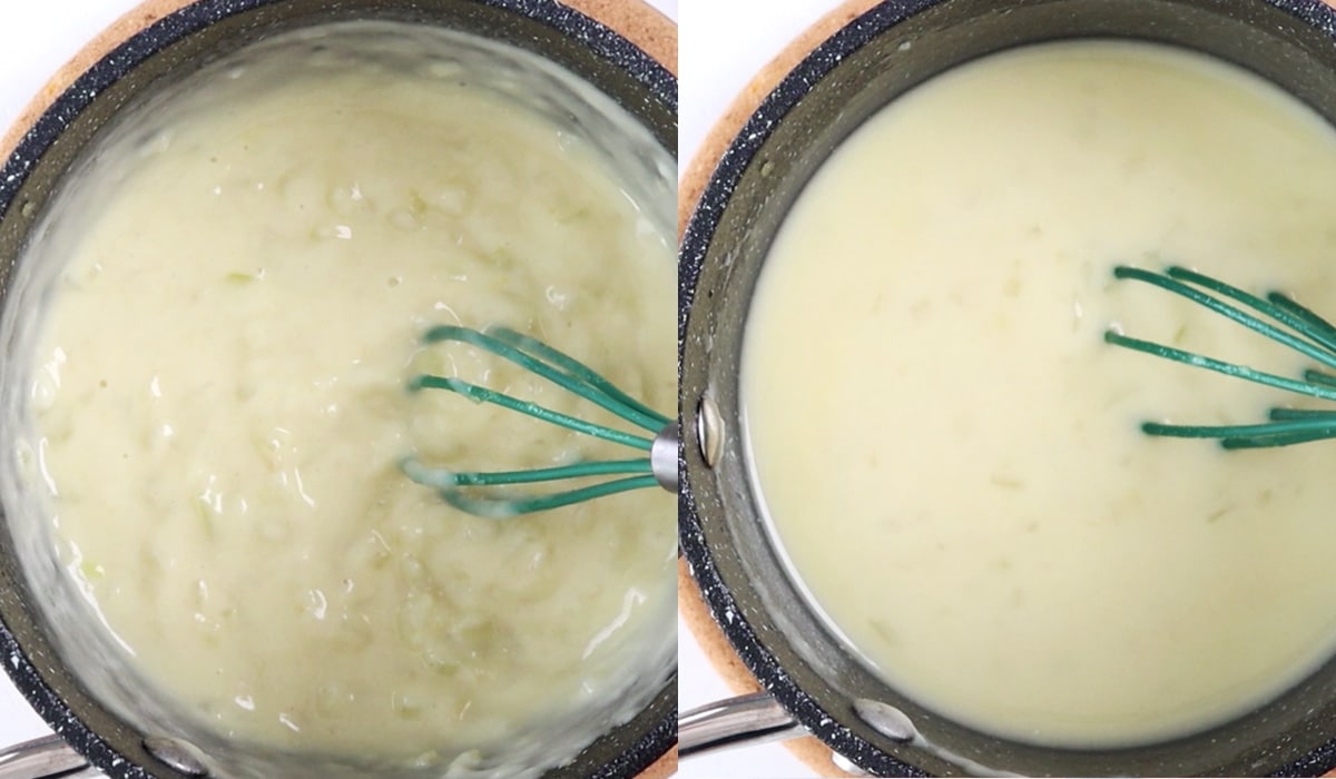 Two images of whisking water into roux to make gravy.
