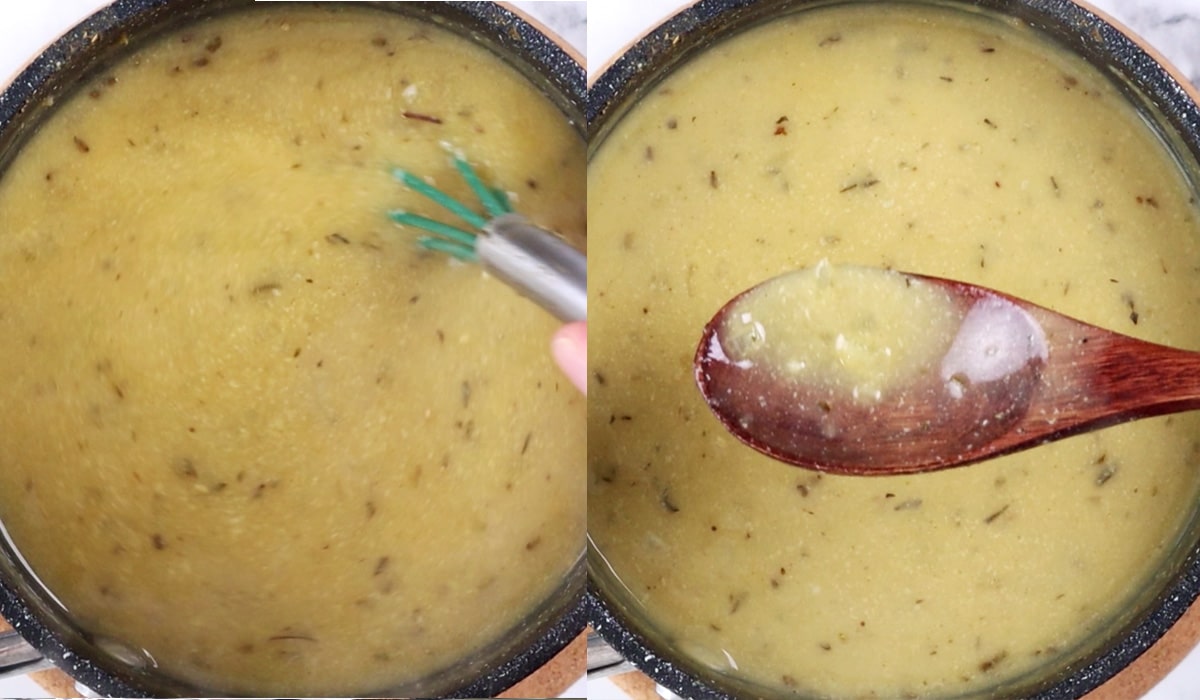 Two images of gravy before and after adding cream.