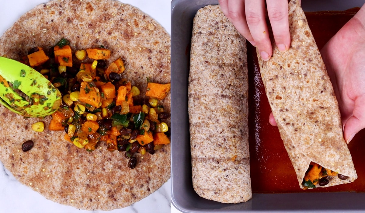 Two images showing a spoon scooping enchilada filling onto tortilla then hands placing wrapped tortilla into casserole dish.