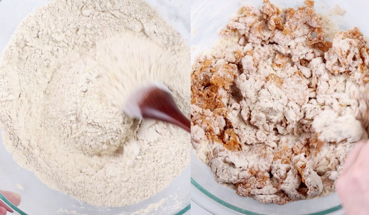 Two images showing gluten flour being mixed with spices then mixed with blended chickpeas.