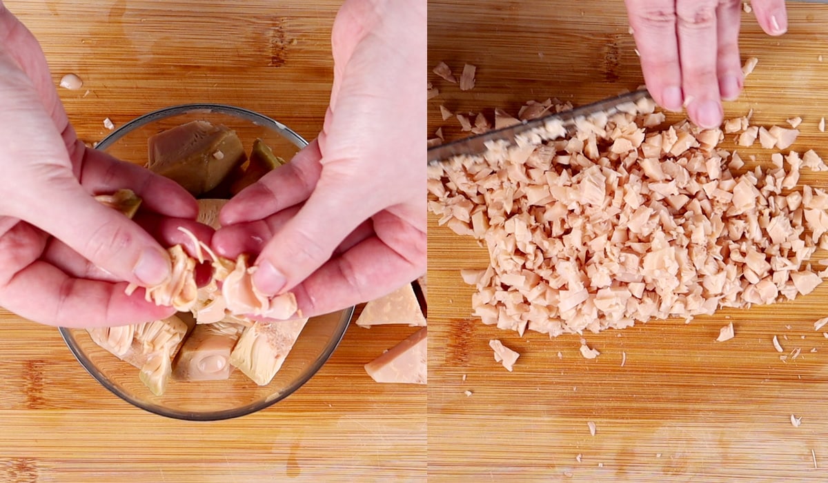 Two images showing how to pull jackfruit the mince the jackfruit core pieces.
