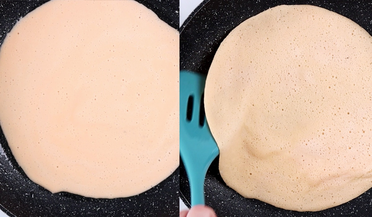 Two images showing red lentil tortilla batter after being poured into pan then partially cooked and ready to flip.