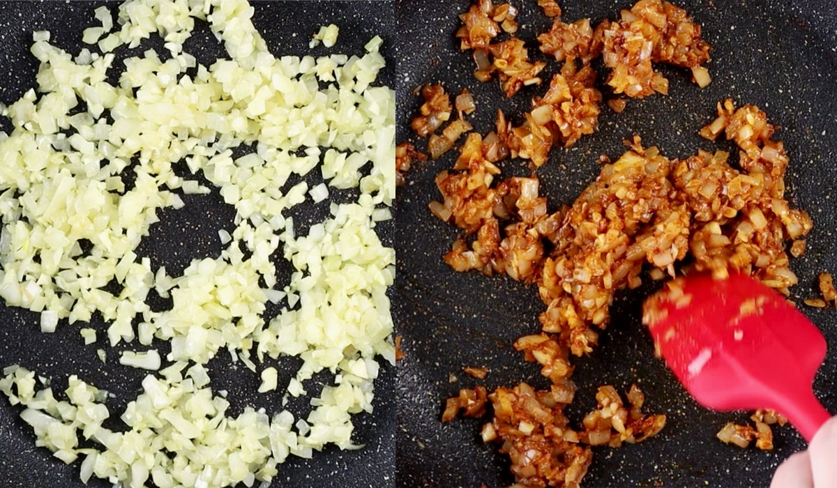 Two images showing onions cooking in oil then cooking with spices.