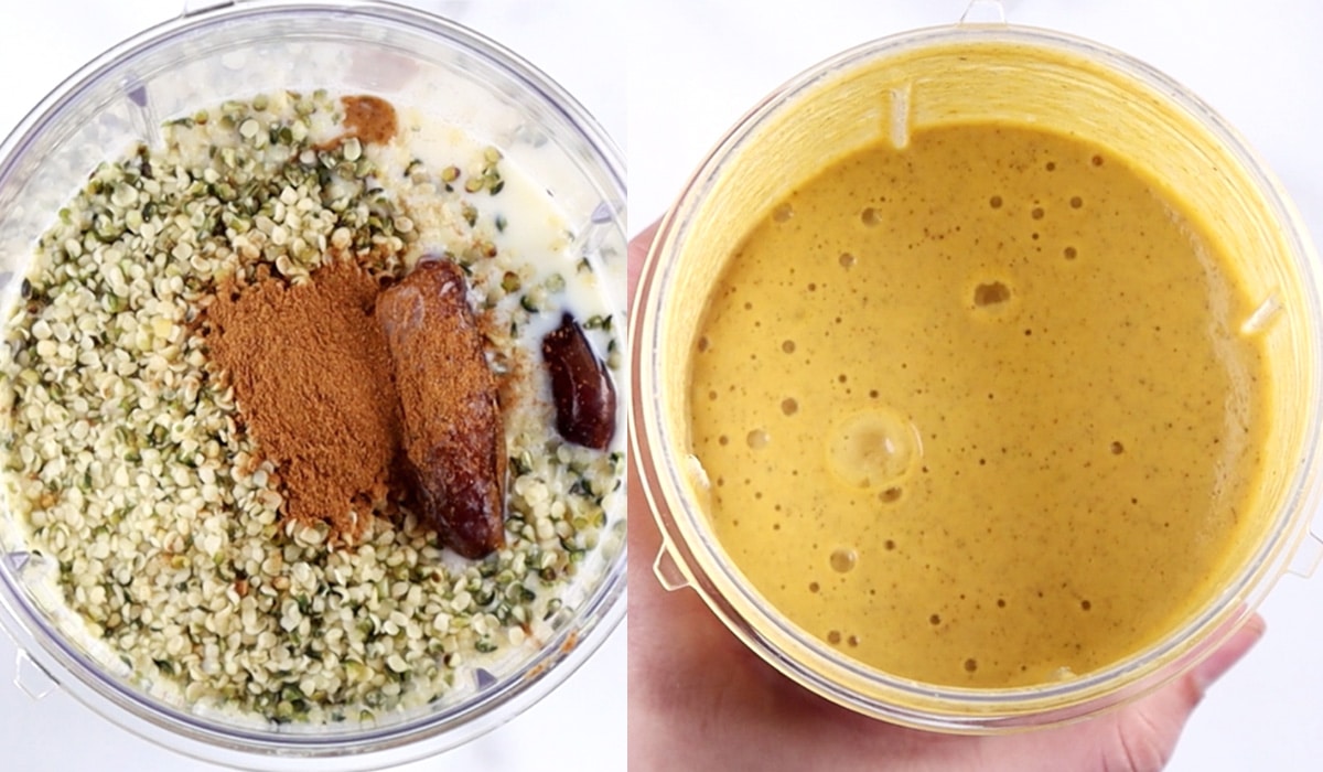 Two images showing ingredients in a blender cup then a blended, orange-colored smoothie.