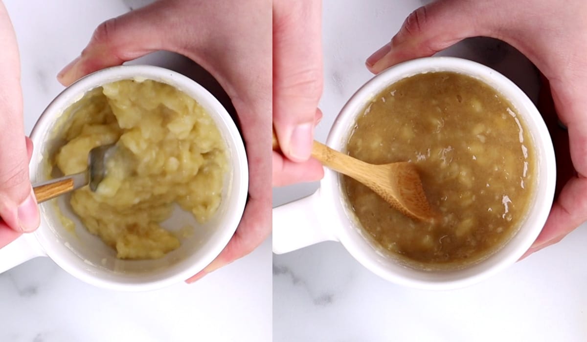 Two images showing a hand mashing banana in a mug then stirring liquid ingredients for banana cake in the mug.