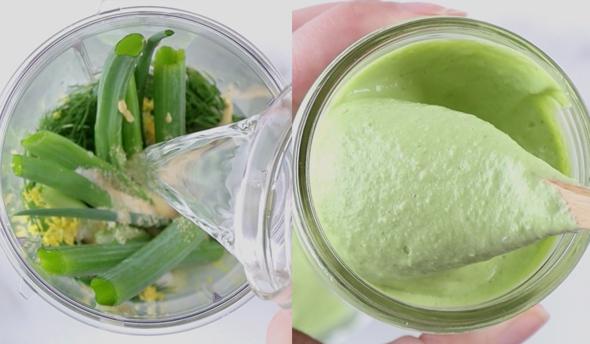 Two images showing ingredients being added to blender, then stirring blended dill tahini dressing.