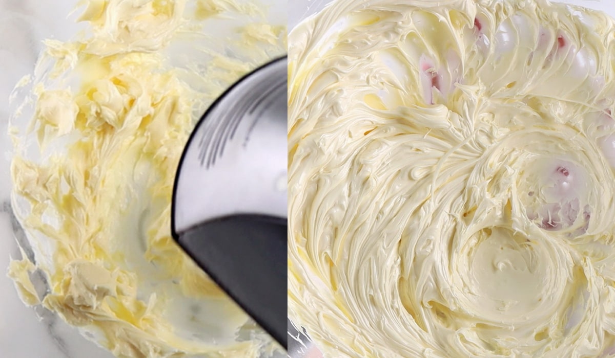 Two images showing vegan butter before and after whipping (lighter color, glossy appearance).