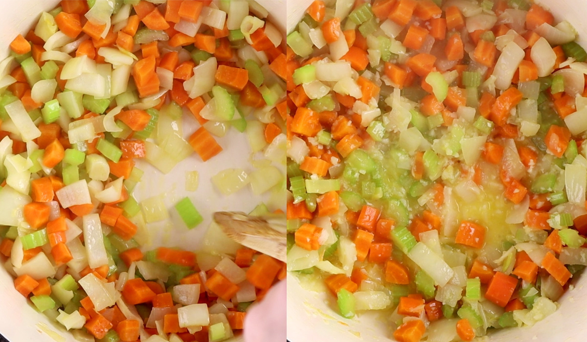 Two images showing carrots, onion and celery being cooked in a large pot, then with added garlic and white wine.